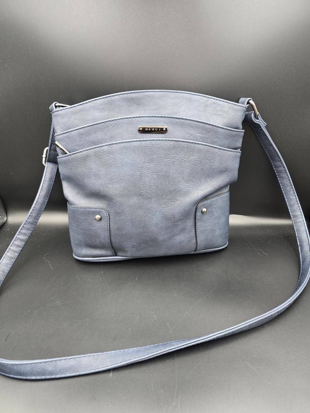 Blue Faux-Leather Crossbody Bag with Front Pockets